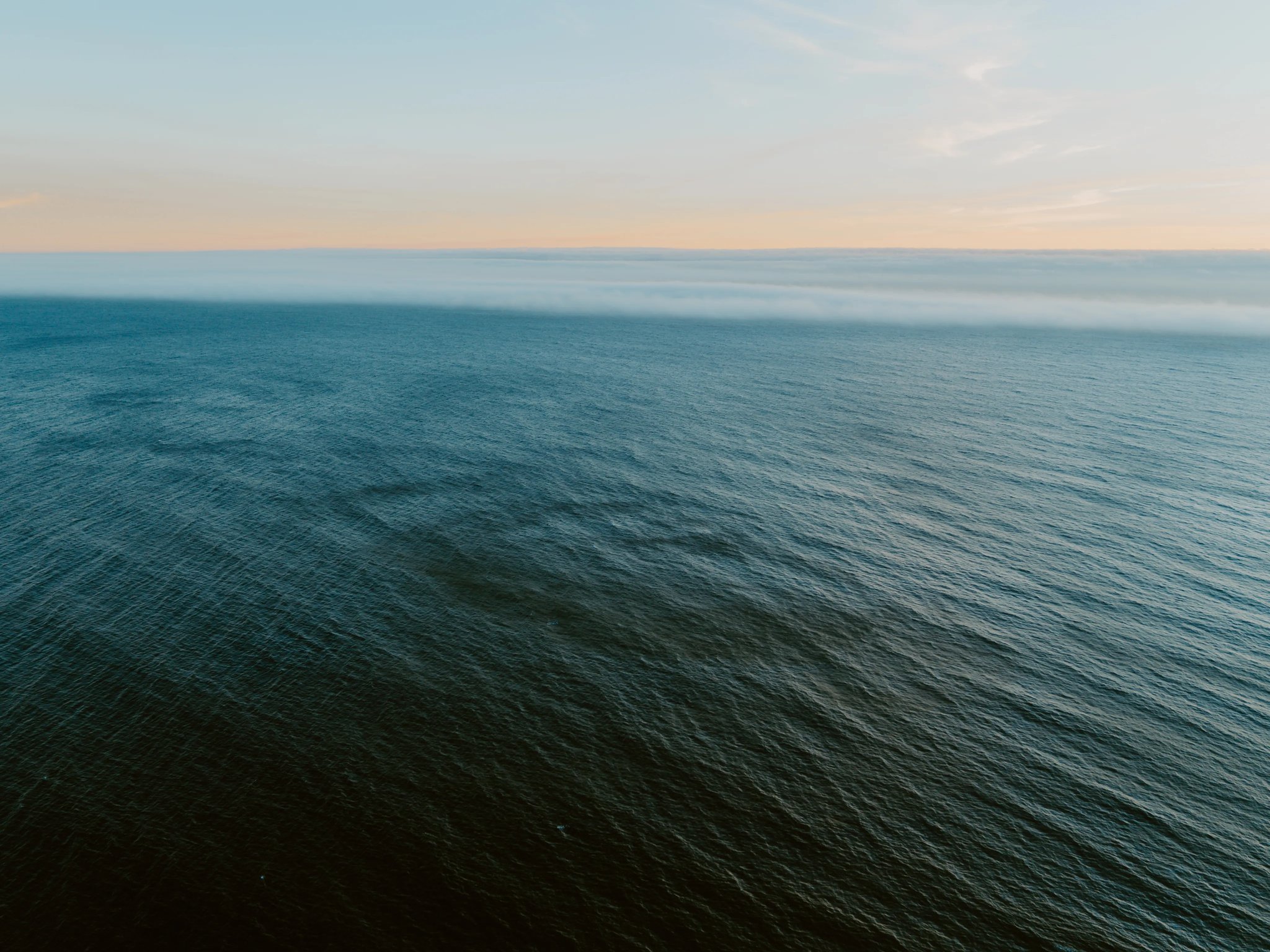 Aerial view of the ocean at dusk, with a low bank of fog rolling along the horizon under a soft pink and blue sky.