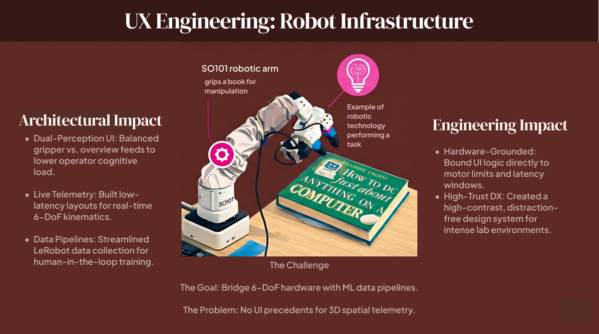 Diagram explaining UX Engineering: Robot Infrastructure The Challenge The Goal: Bridge the gap between raw hardware constraints and high-volume ML training pipelines.  The Problem: Traditional UI frameworks lack established design patterns for 3D spatial interfaces and real-time sensor streams.  Architectural Impact Dual-Perception Vision: Designed an optimized visual hierarchy mapping split camera feeds (gripper vs. overview) to maximize operator situational awareness.  Telemetry & Kinematics: Integrated live 6-DoF joint state data directly into a low-latency debugging layout.  ML Data Pipeline: Abracted complex Hugging Face LeRobot dataset recording into an intuitive, human-in-the-loop teleoperation workflow.  Infrastructure & DX (Developer Experience) Hardware-Aware UI: Built interface logic grounded in physical system specs (payload limits, joint velocities, and latency windows).  Zero-Precedent Design: Engineered a custom, minimalist design system token architecture optimized for high-cognitive-load lab environments.