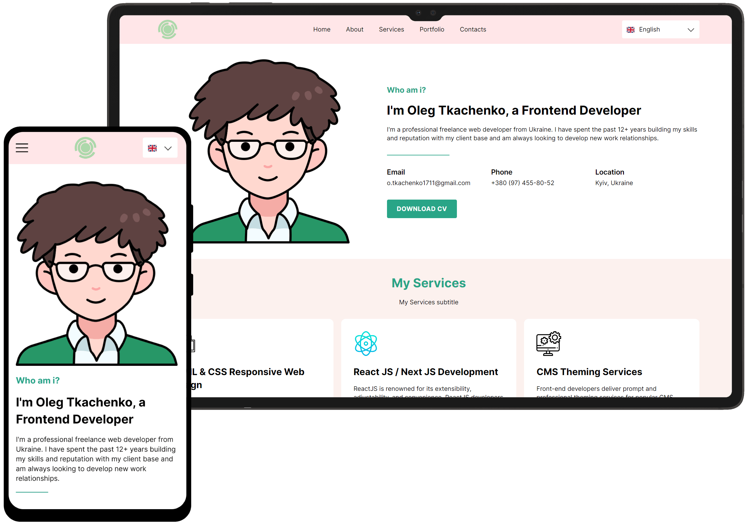 Personal website design for desktop and mobile view.