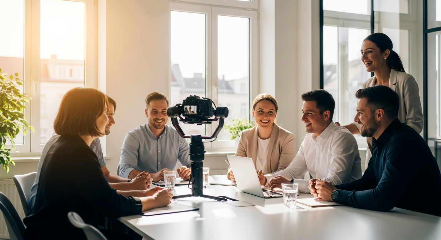 Professionelle Videoaufnahmen eines B2B-Teams im sommerlichen Büro in Leipzig für authentisches Employer Branding.