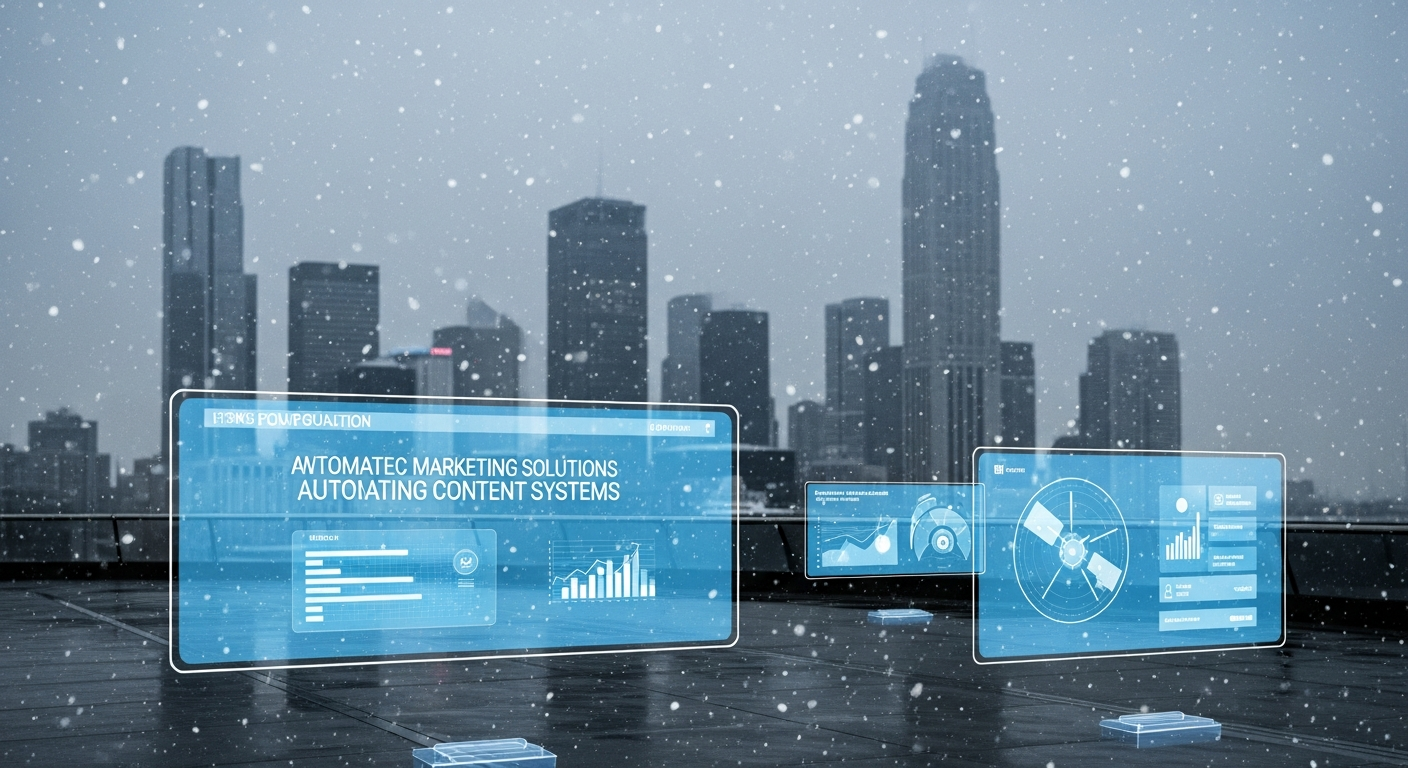 Futuristische Stadt im Winter mit Hologrammen zur B2B-Automatisierung