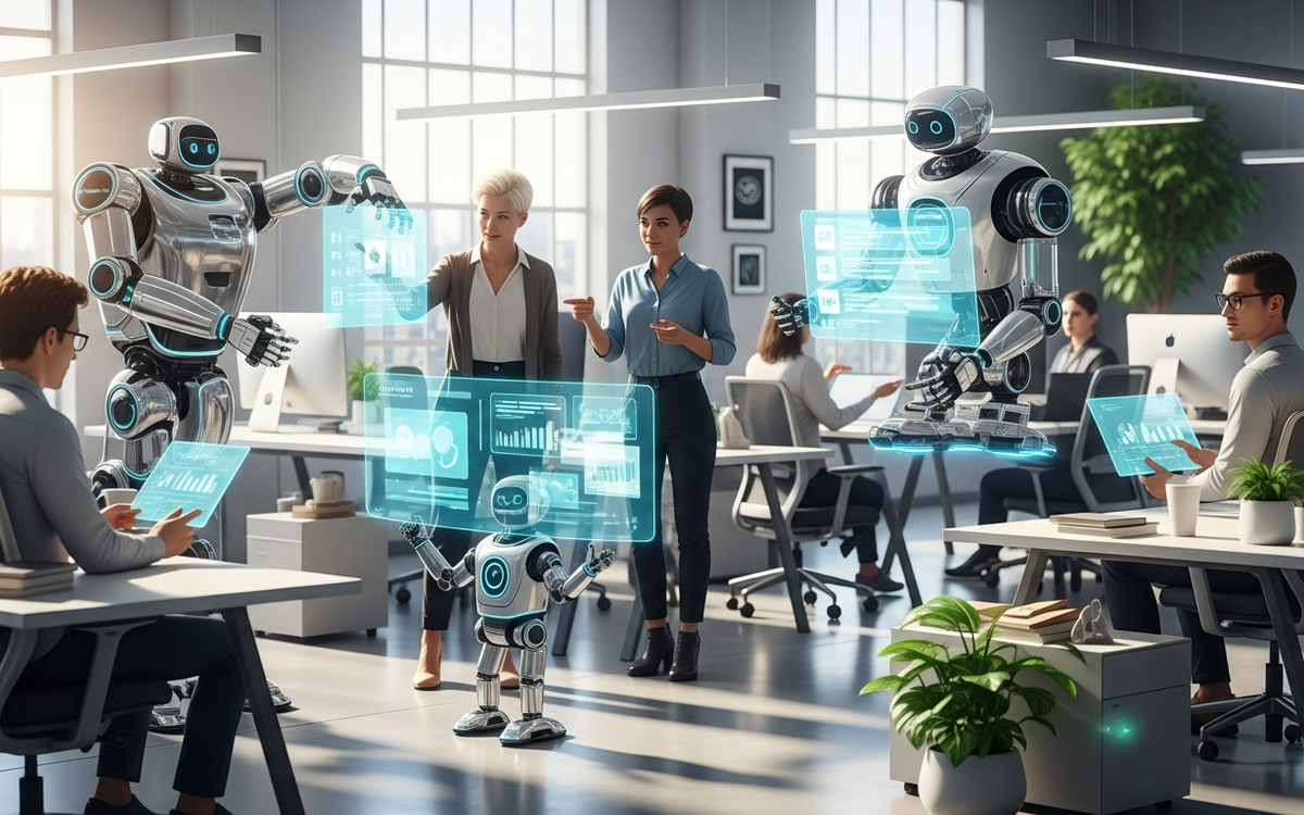 Zukunftsorientiertes Büro mit Robotern, die Marketing-Aufgaben automatisieren.