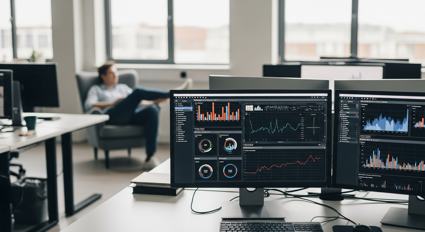 Büroarbeitsplatz mit Datenvisualisierungen und entspannter Person