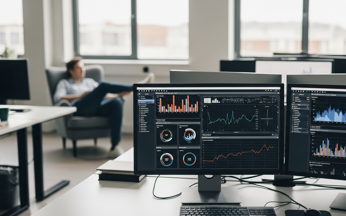 Büroarbeitsplatz mit Datenvisualisierungen und entspannter Person