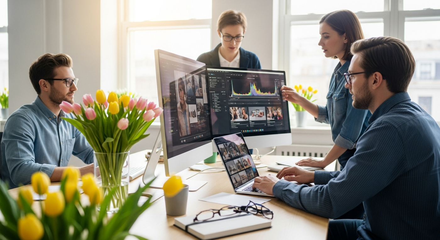 Frühlingshafte B2B-Szene mit Fokus auf Foto & Video