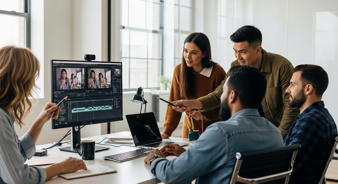 Team arbeitet an Videoprojekt im modernen Büro