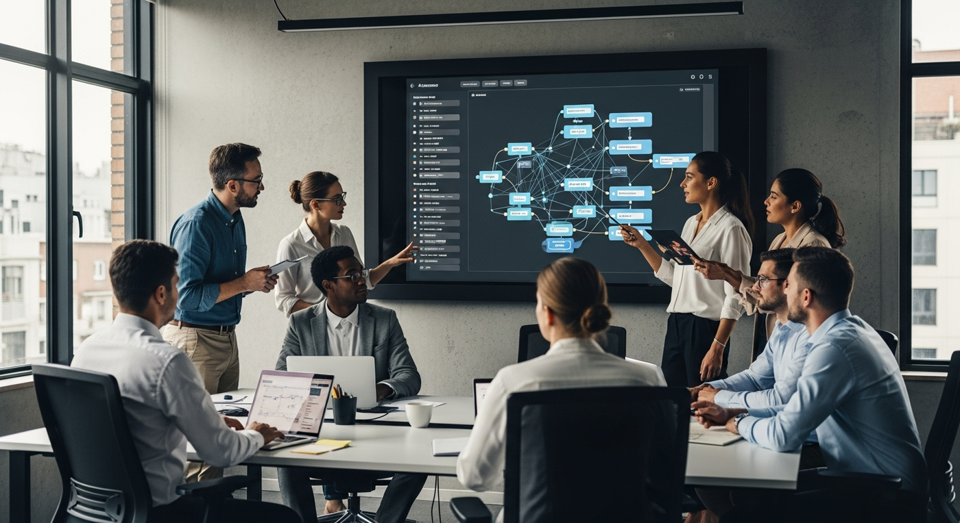 Team arbeitet an KI-gestütztem Workflow-Diagramm