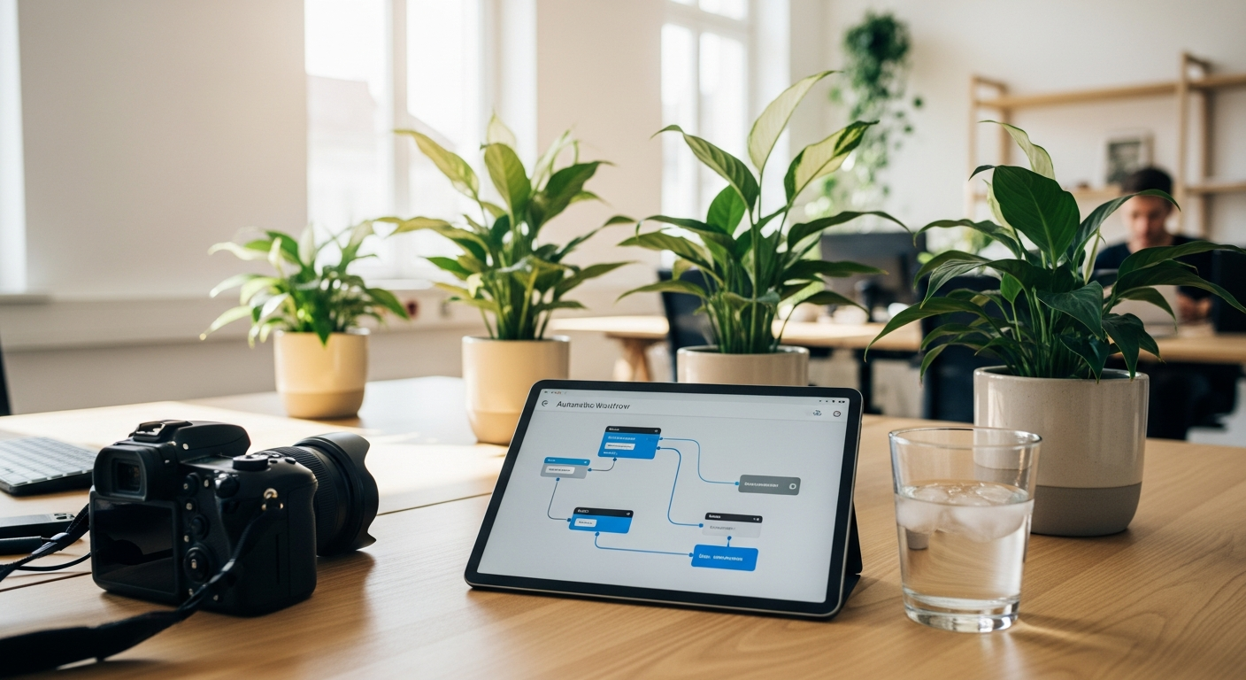 Ein moderner B2B-Arbeitsplatz im Sommer mit Kamera und einem Tablet, das automatisierte Marketing-Workflows zeigt.