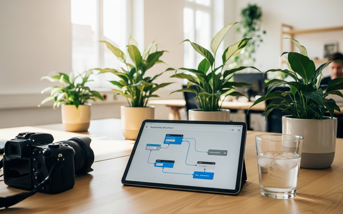 Ein moderner B2B-Arbeitsplatz im Sommer mit Kamera und einem Tablet, das automatisierte Marketing-Workflows zeigt.