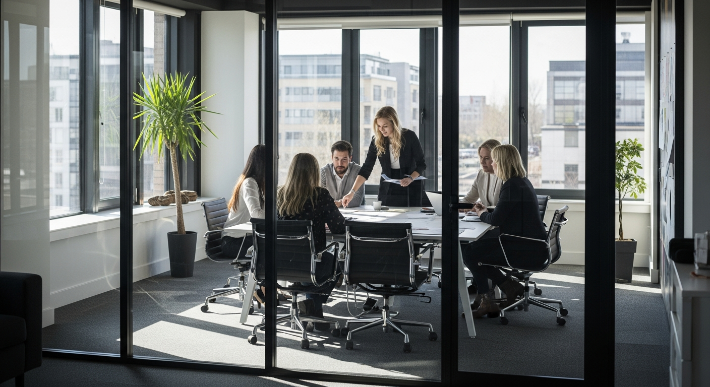 Bürogebäude im Frühlingslicht, Meeting-Raum mit Team
