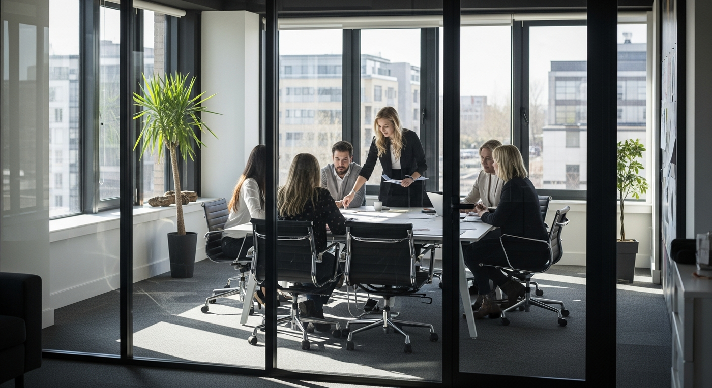 Bürogebäude im Frühlingslicht, Meeting-Raum mit Team