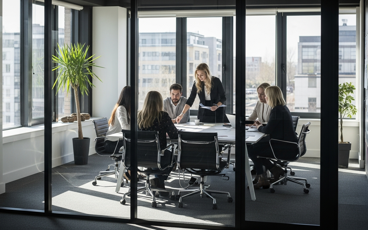 Bürogebäude im Frühlingslicht, Meeting-Raum mit Team