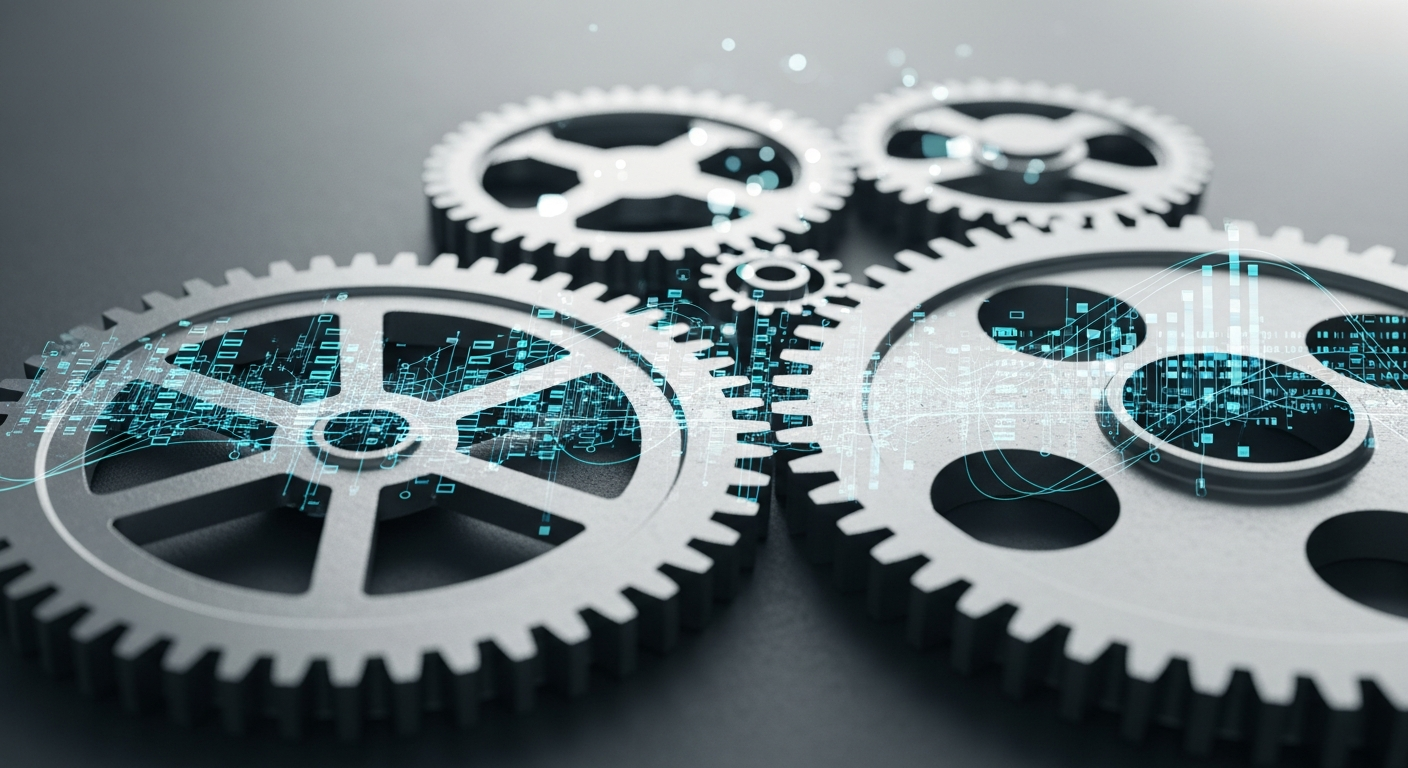 Zahnraeder und Datenstroeme symbolisieren Marketing-Automatisierung