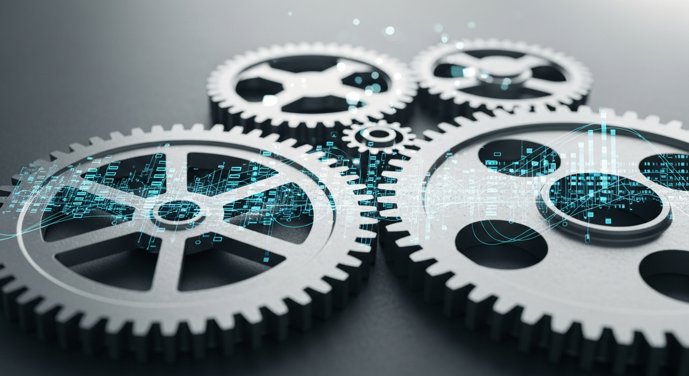 Zahnraeder und Datenstroeme symbolisieren Marketing-Automatisierung