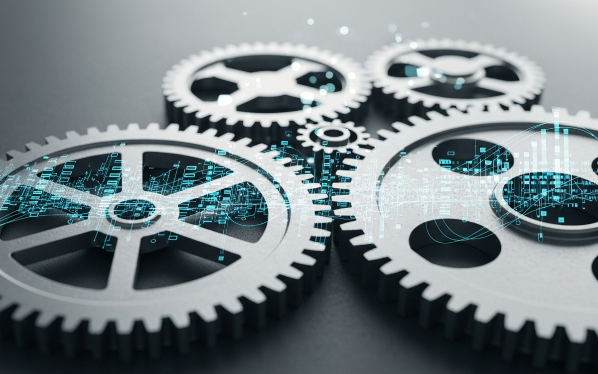 Zahnraeder und Datenstroeme symbolisieren Marketing-Automatisierung