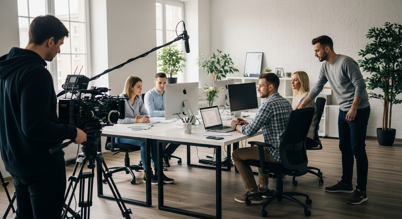 Team arbeitet an visueller Content-Strategie im Büro