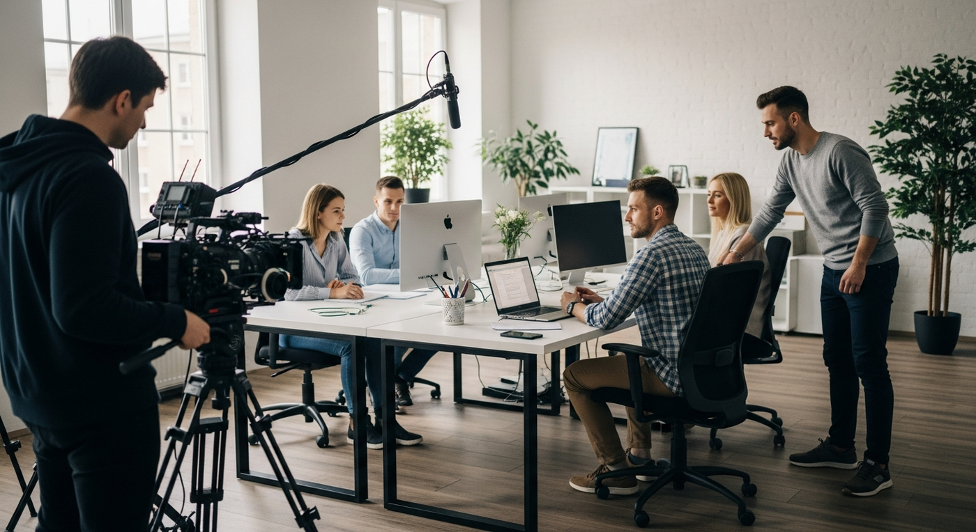 Team arbeitet an visueller Content-Strategie im Büro