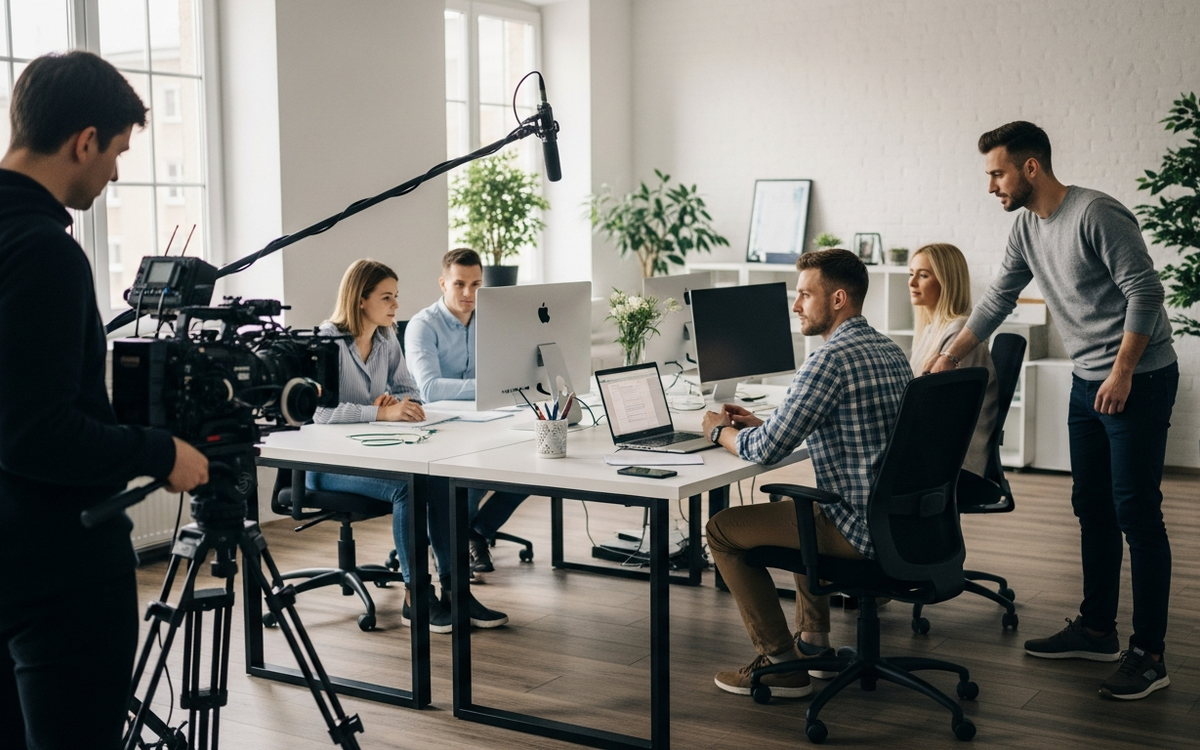 Team arbeitet an visueller Content-Strategie im Büro