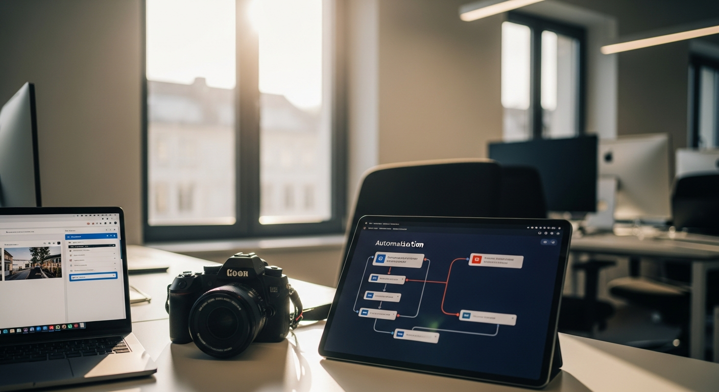Modernes B2B-Büro in Leipzig mit Kamera und Tablet, das automatisierte Marketing-Workflows zeigt.