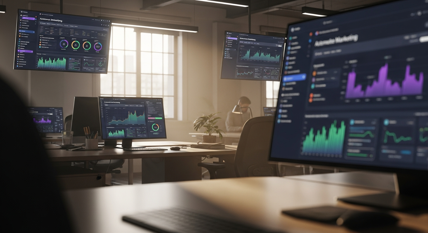 Modernes Büro mit automatisierten Marketing-Dashboards und KI-gestützten Content-Tools.