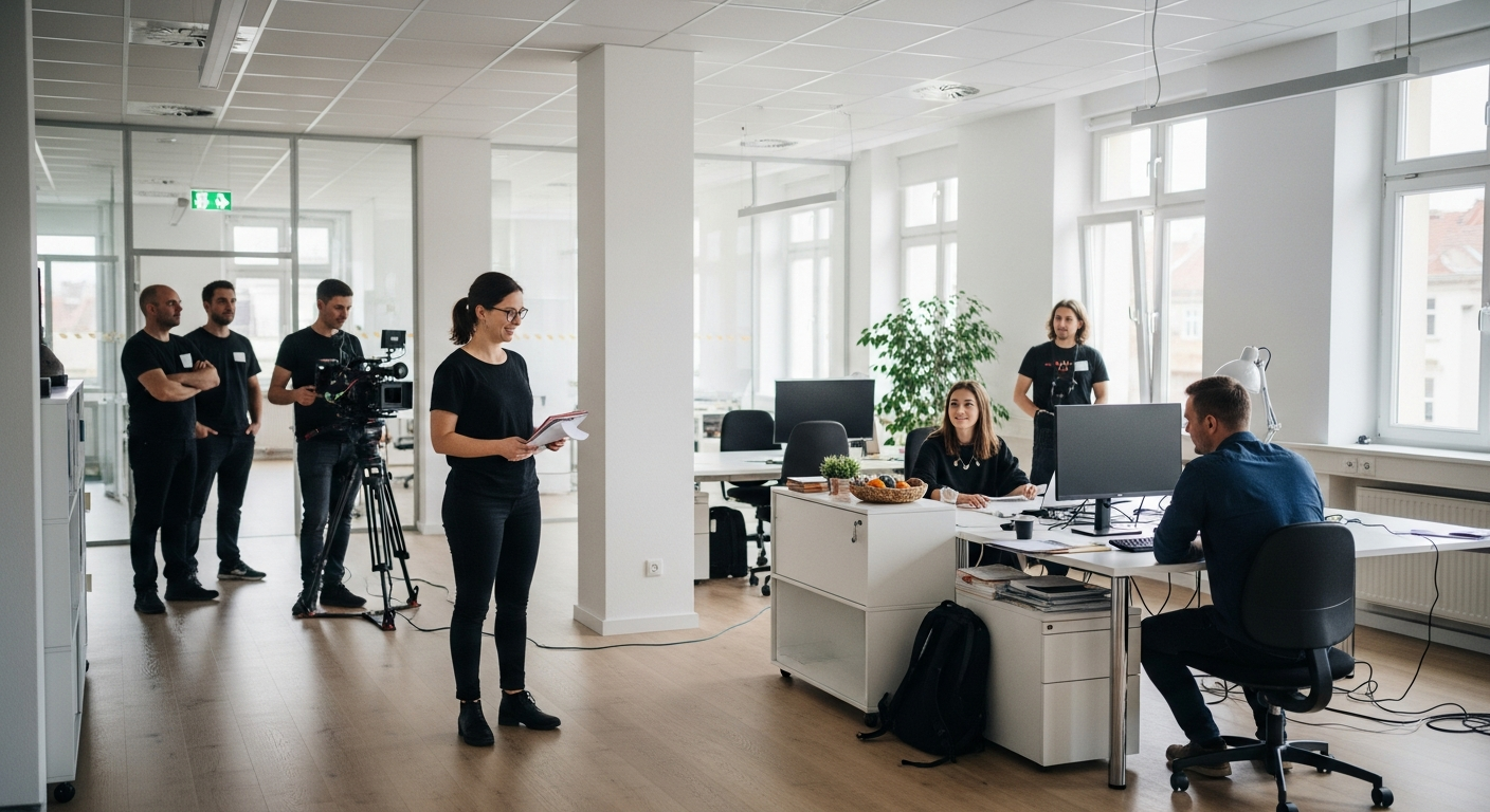 Dreharbeiten für einen Imagefilm in einem modernen Büro in Leipzig