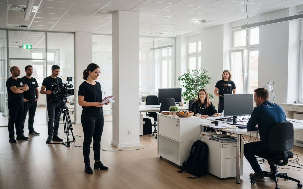 Dreharbeiten für einen Imagefilm in einem modernen Büro in Leipzig