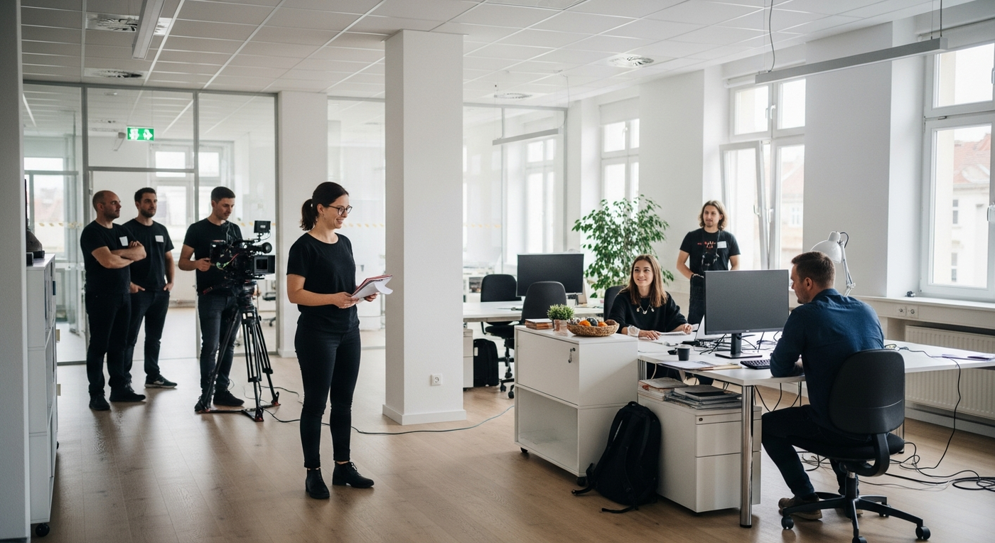 Dreharbeiten für einen Imagefilm in einem modernen Büro in Leipzig