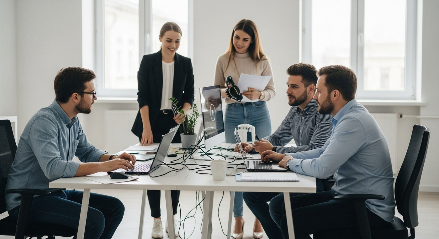 Team arbeitet an Videoprojekt im Büro