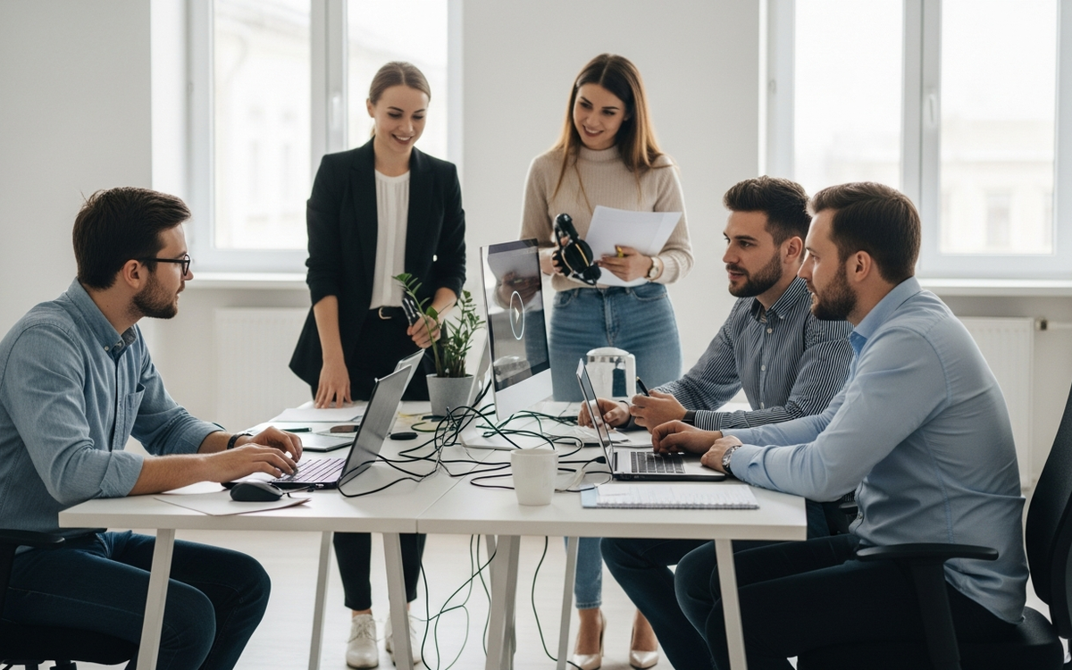 Team arbeitet an Videoprojekt im Büro