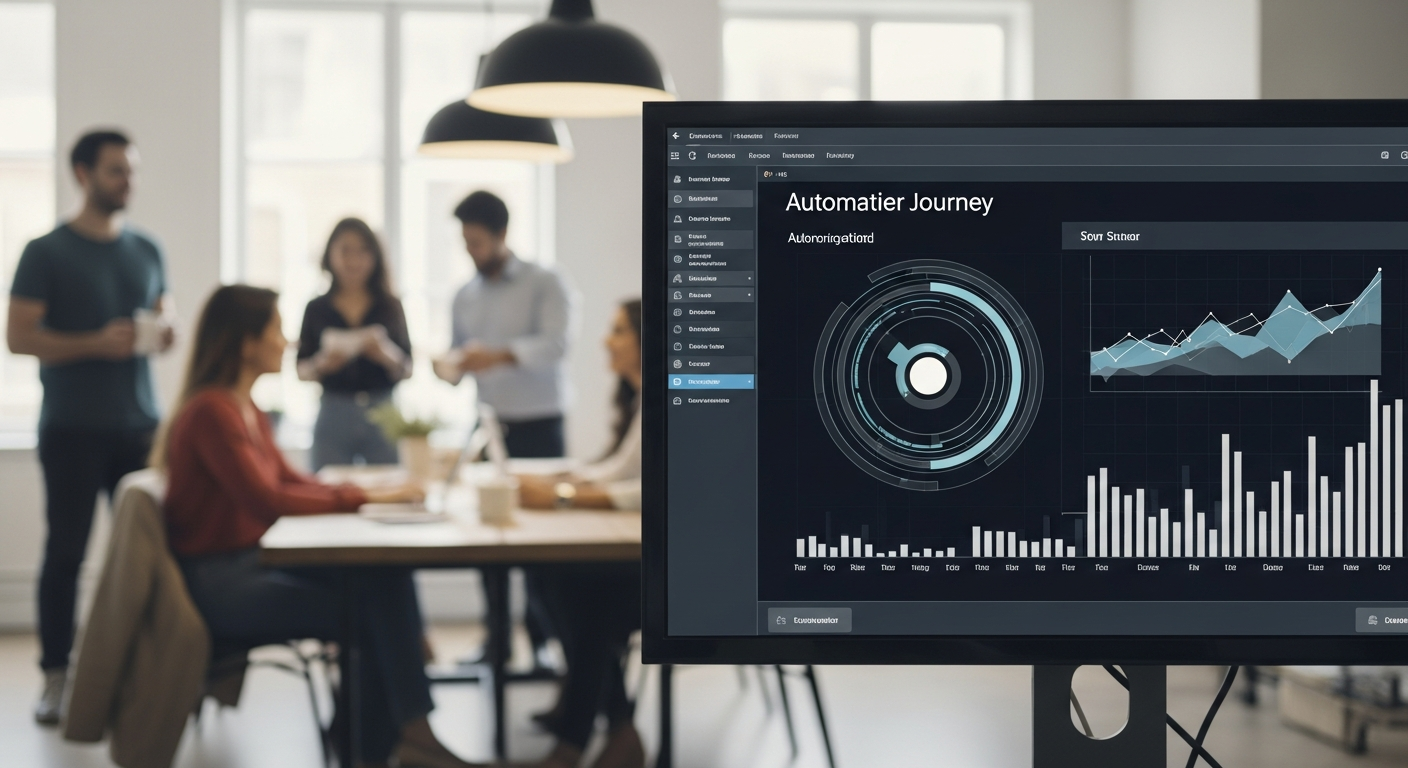Büroumgebung mit Bildschirm, der automatisierte Kundenreise darstellt