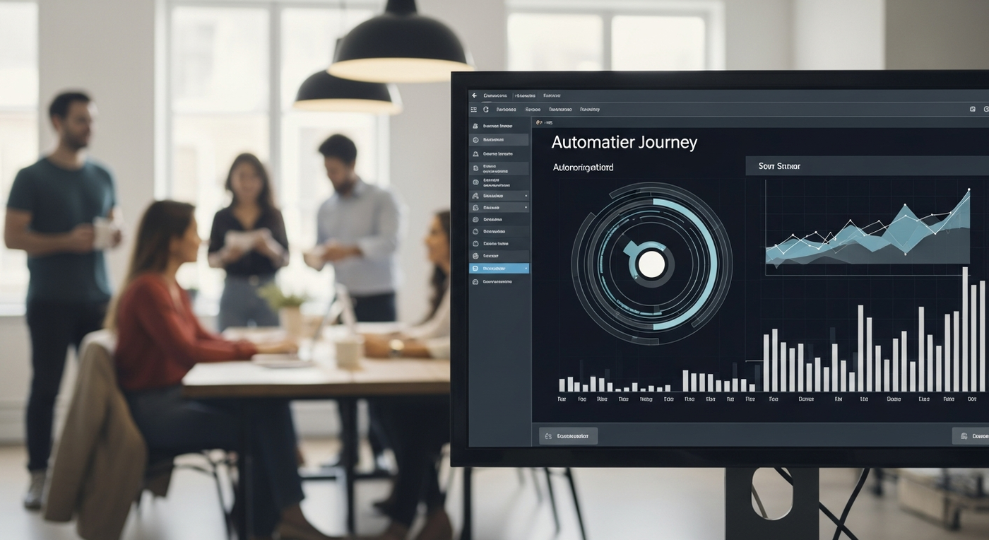 Büroumgebung mit Bildschirm, der automatisierte Kundenreise darstellt