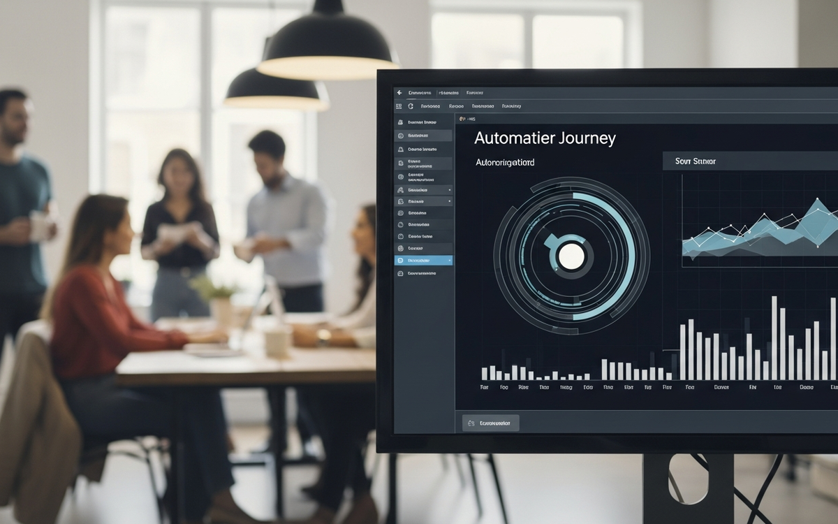 Büroumgebung mit Bildschirm, der automatisierte Kundenreise darstellt