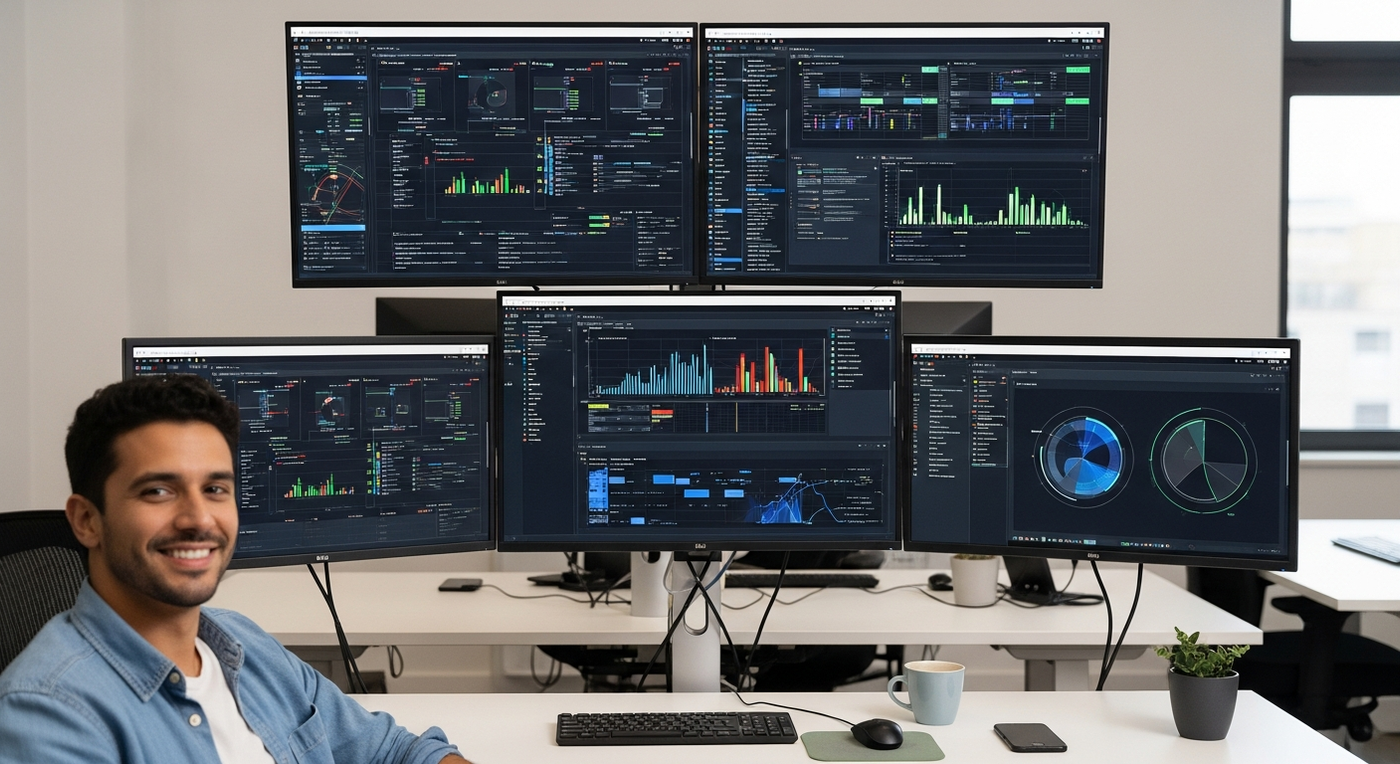 Büro mit Bildschirmen, die Automatisierungsprozesse darstellen