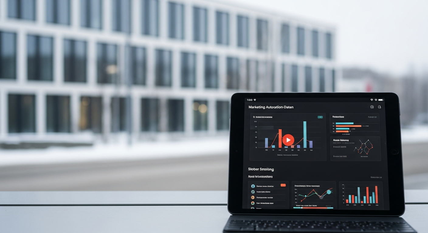 Bürogebäude im Winter mit Marketing-Automation-Dashboard auf Tablet