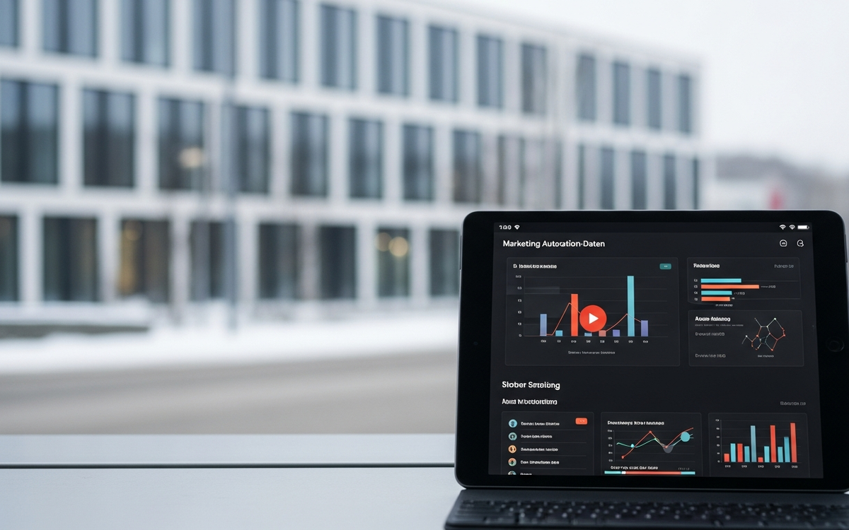 Bürogebäude im Winter mit Marketing-Automation-Dashboard auf Tablet