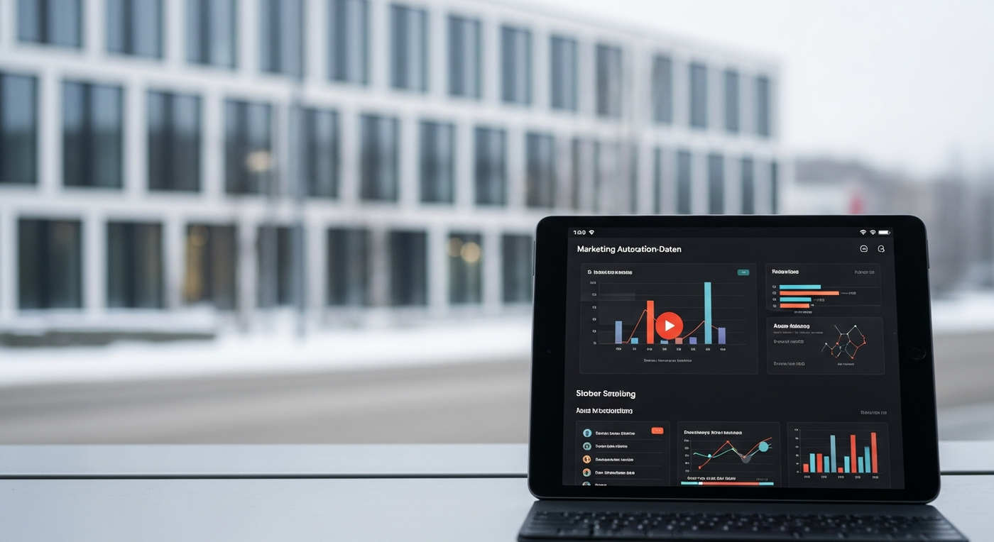 Bürogebäude im Winter mit Marketing-Automation-Dashboard auf Tablet