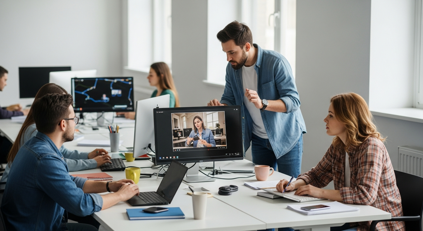 B2B-Marketing-Team arbeitet an Video-Projekt