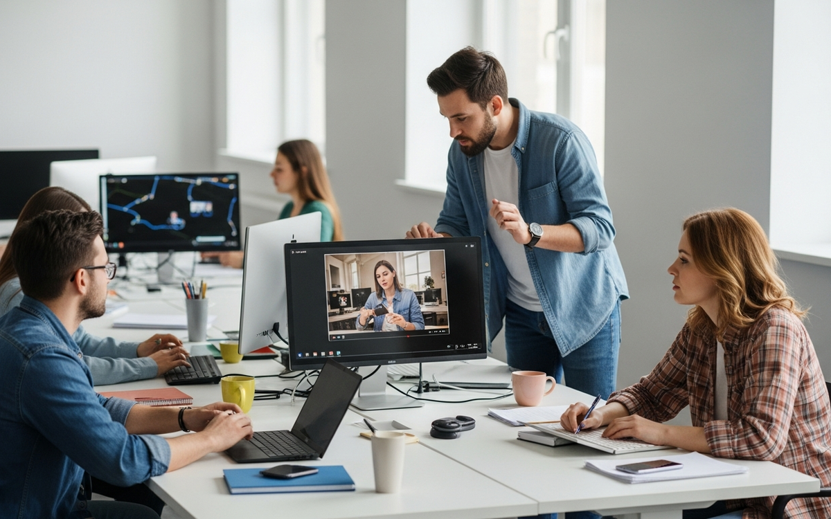 B2B-Marketing-Team arbeitet an Video-Projekt