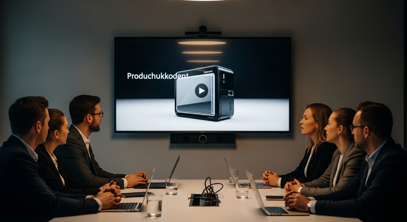 Business-Meeting mit Fokus auf Produktvideo auf großem Bildschirm