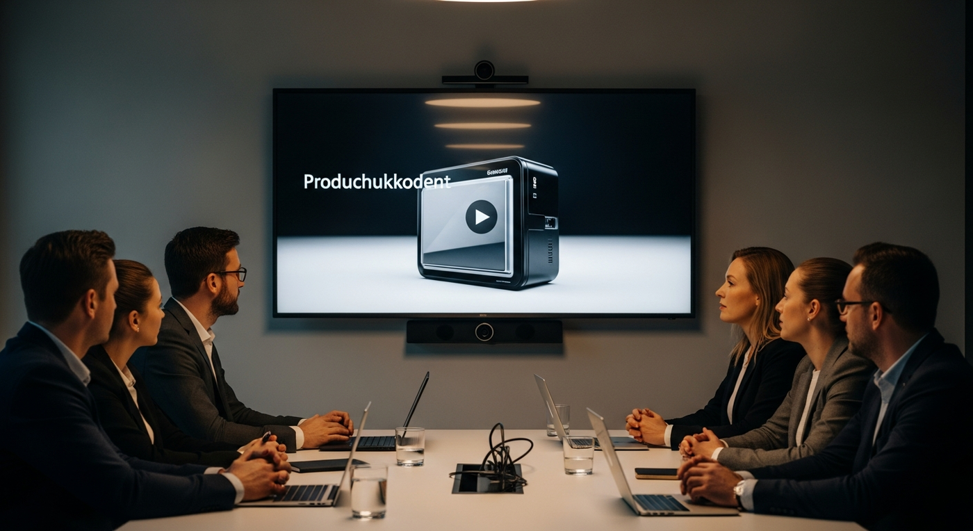 Business-Meeting mit Fokus auf Produktvideo auf großem Bildschirm