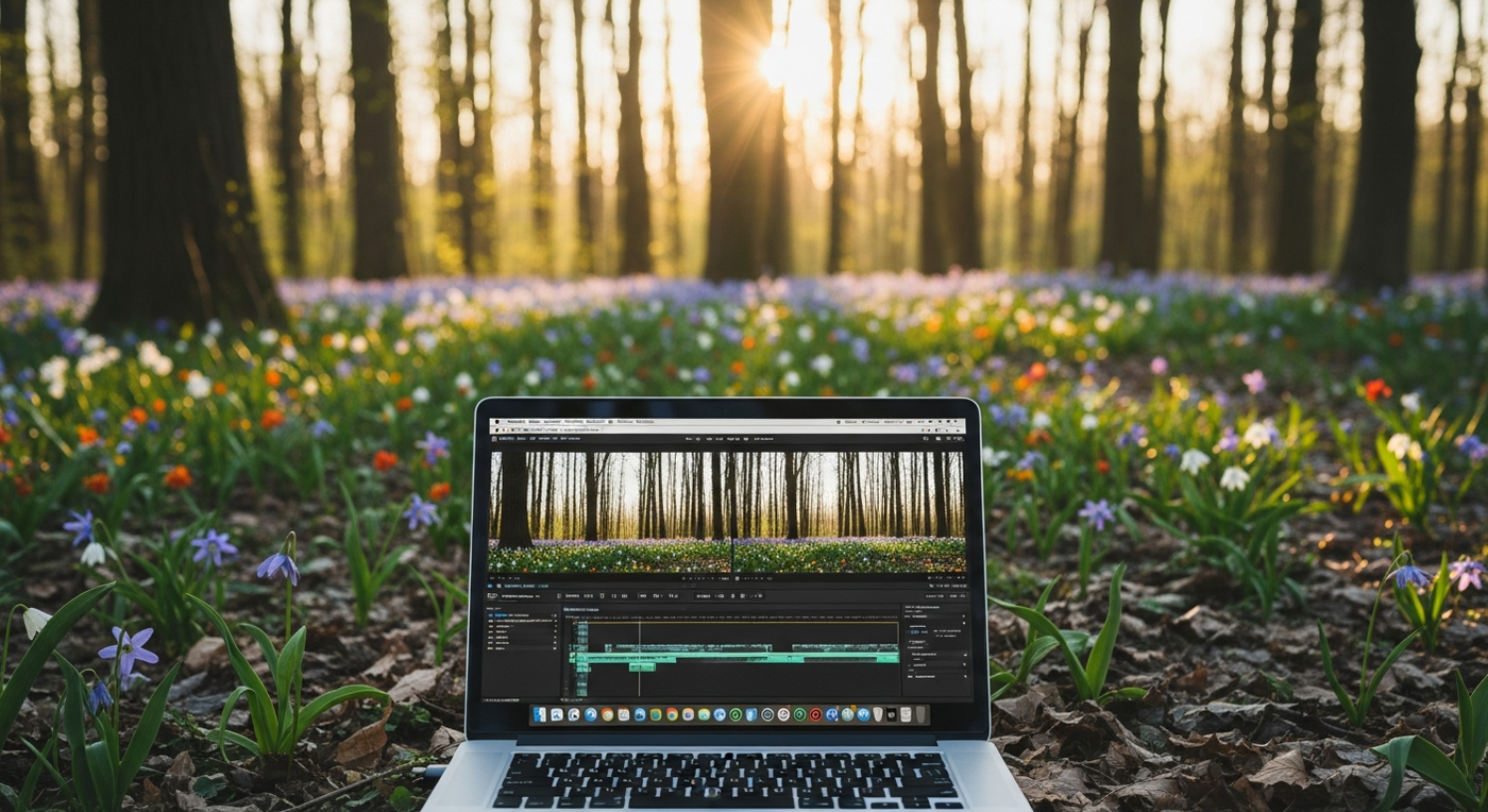 Frühlingswald mit Laptop und Video-Bearbeitungssoftware