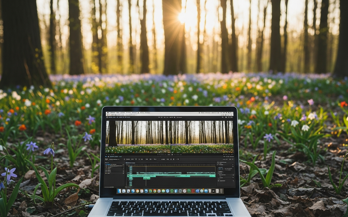 Frühlingswald mit Laptop und Video-Bearbeitungssoftware