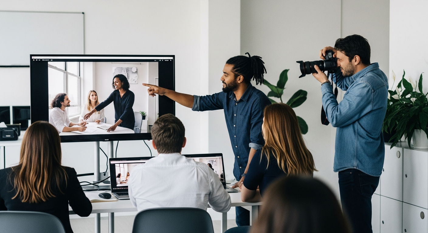 Team arbeitet mit Foto und Video an einem B2B Marketing Projekt