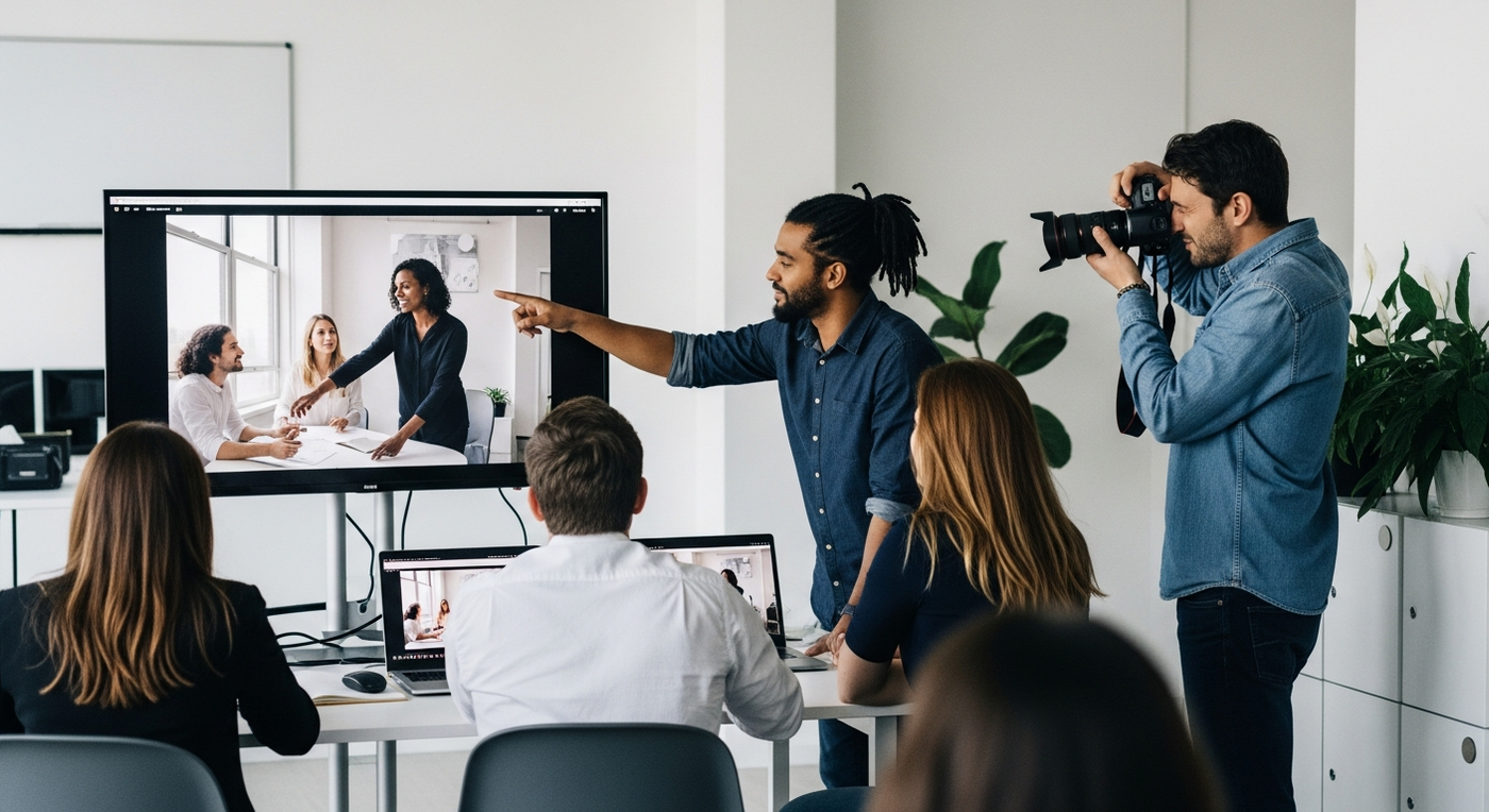 Team arbeitet mit Foto und Video an einem B2B Marketing Projekt