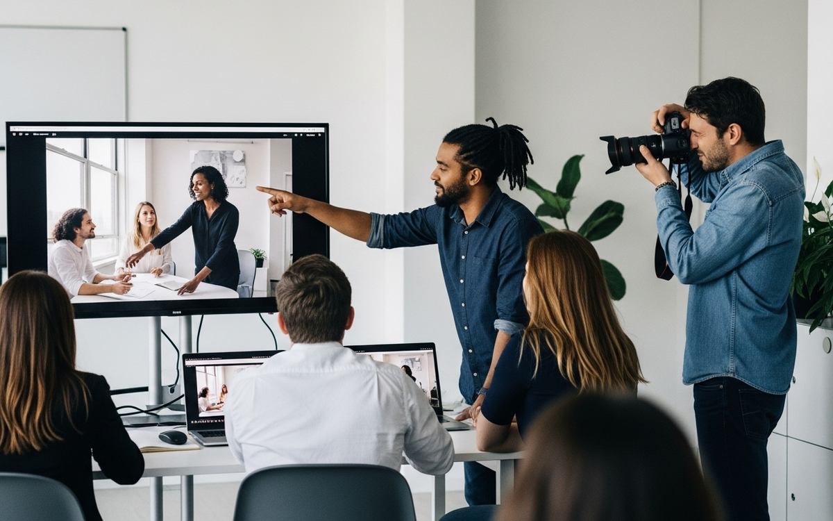 Team arbeitet mit Foto und Video an einem B2B Marketing Projekt