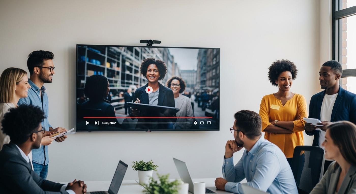 Menschen sehen Video-Präsentation im Büro