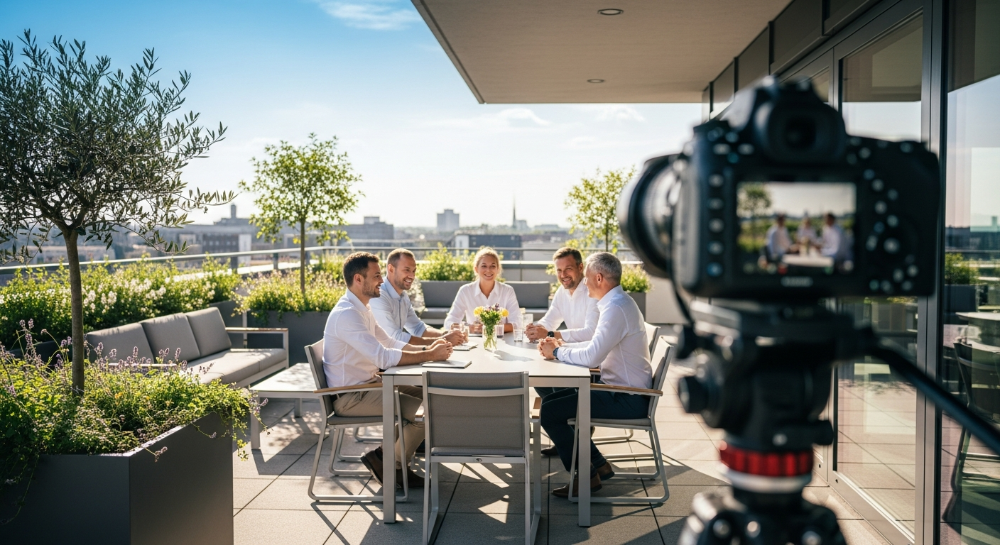 Professionelles Kamera-Setup auf einer sonnigen Büroterrasse für B2B-Videoaufnahmen im Sommer