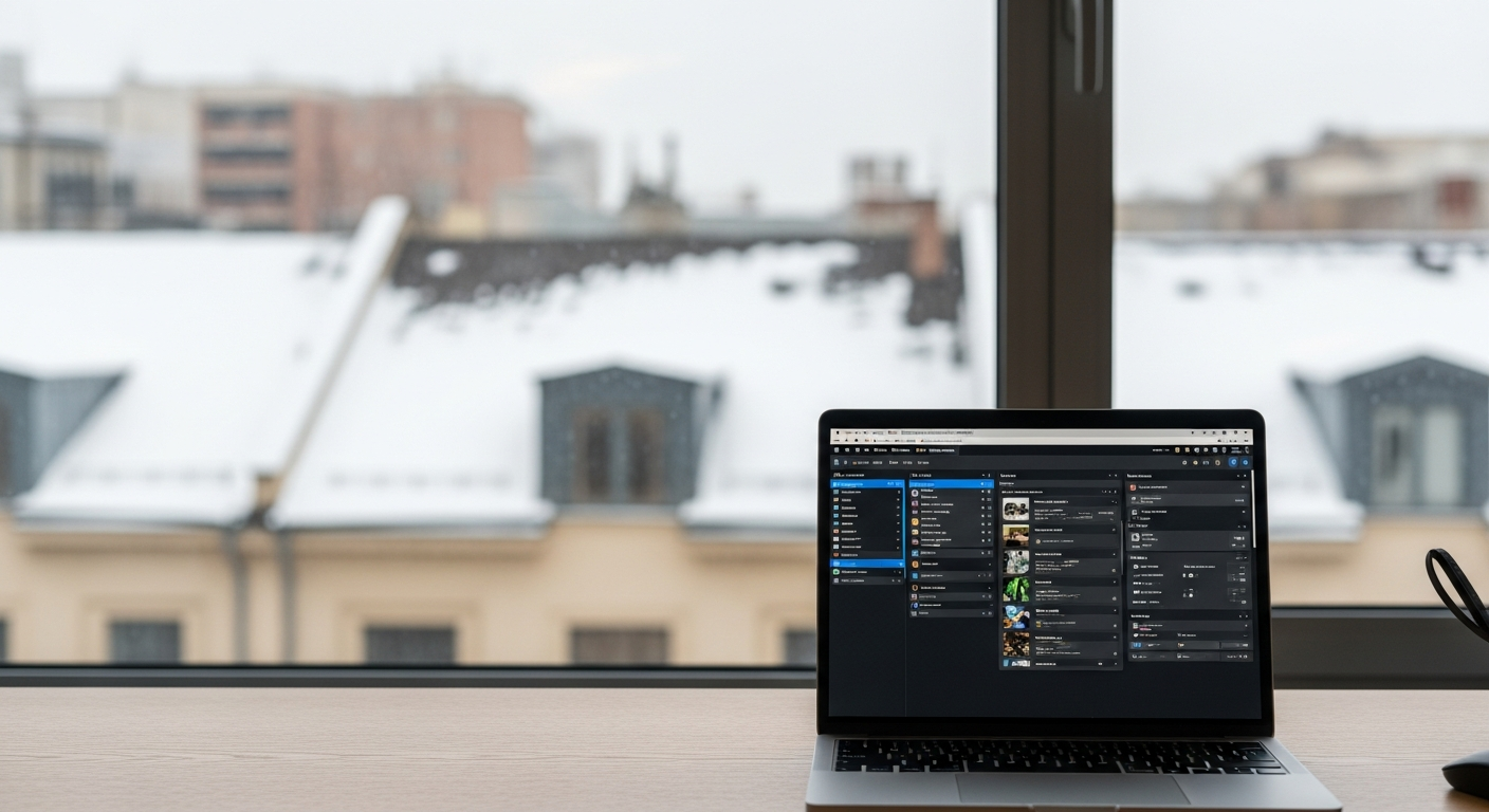 Büro im Winter mit Laptop und Automatisierungssoftware