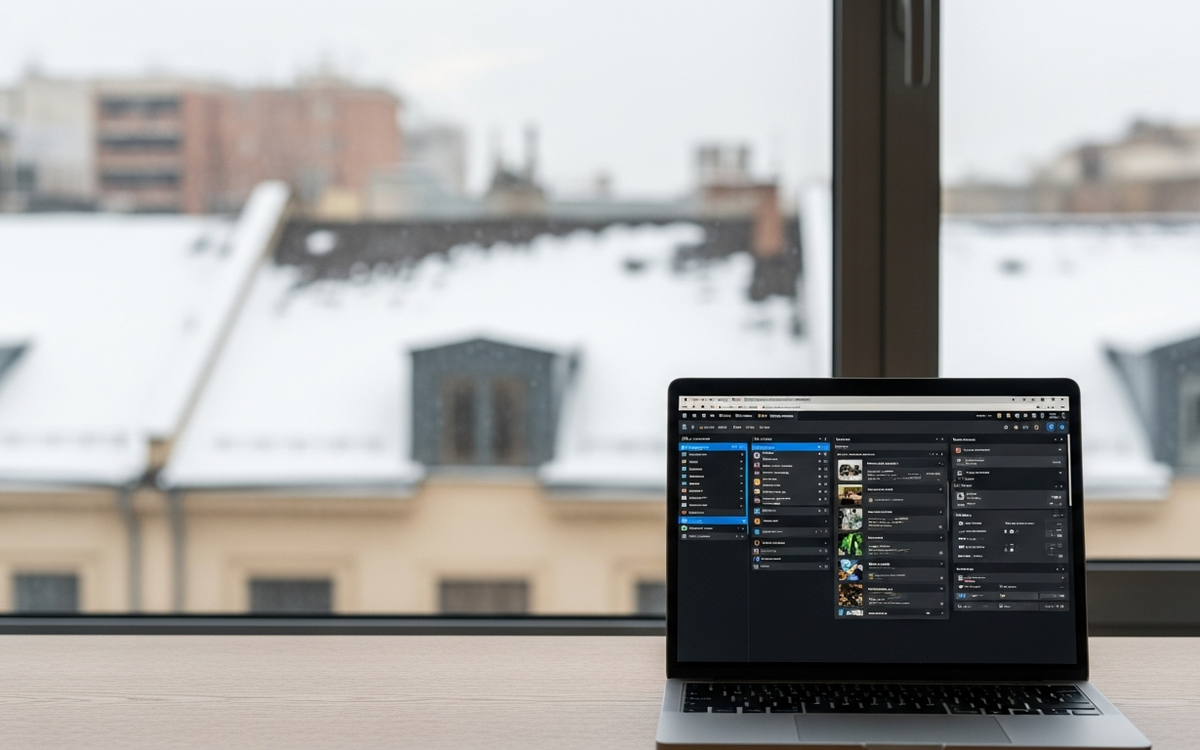Büro im Winter mit Laptop und Automatisierungssoftware