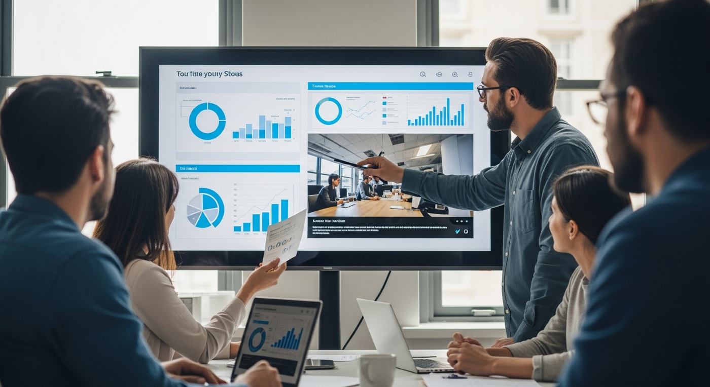 Mitarbeiter sehen Präsentation mit Grafiken und Videos